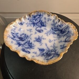 Antique Warwick China Flow Blue Floral Porcelain Trinket Dish with Gold Rim